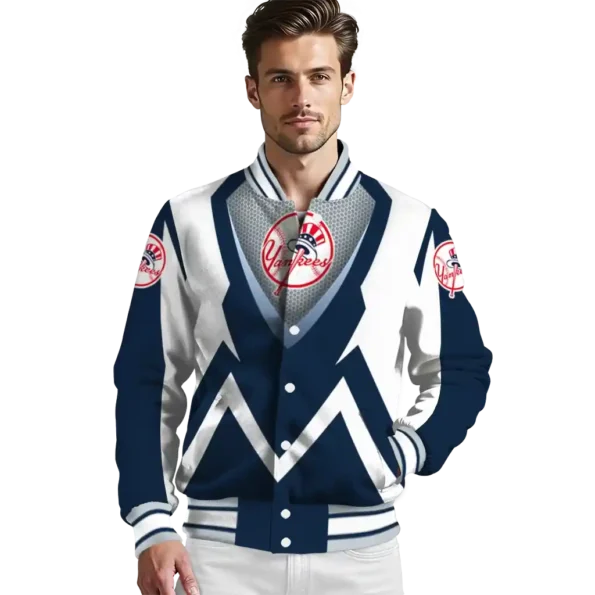 customized new york yankees v stripes navy white varsity jacket high quality
