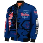 customized philadelphia phillies hexagon cluster blue black bomber jacket best selling