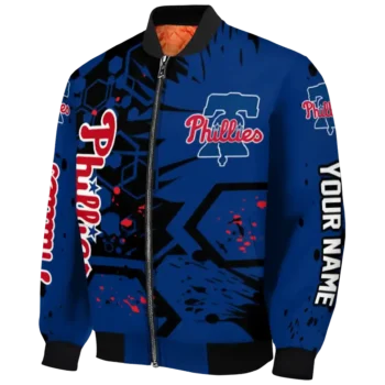 customized philadelphia phillies hexagon cluster blue black bomber jacket best selling