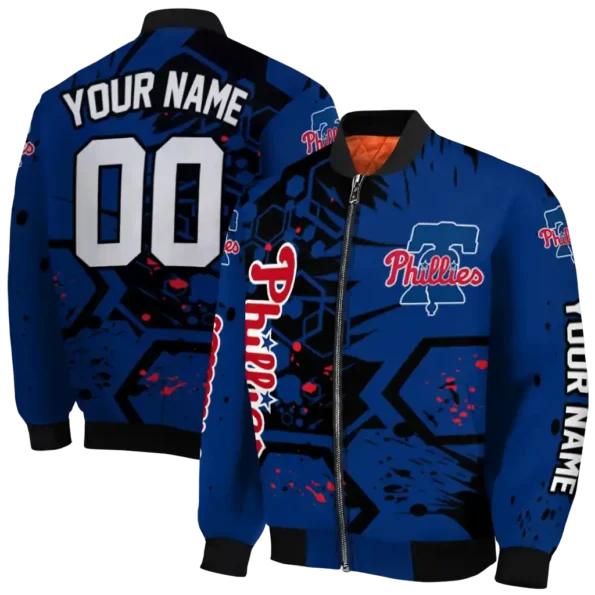 customized philadelphia phillies hexagon cluster blue black bomber jacket fashion forward