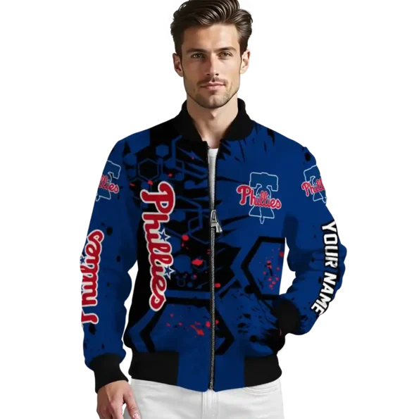 customized philadelphia phillies hexagon cluster blue black bomber jacket high quality
