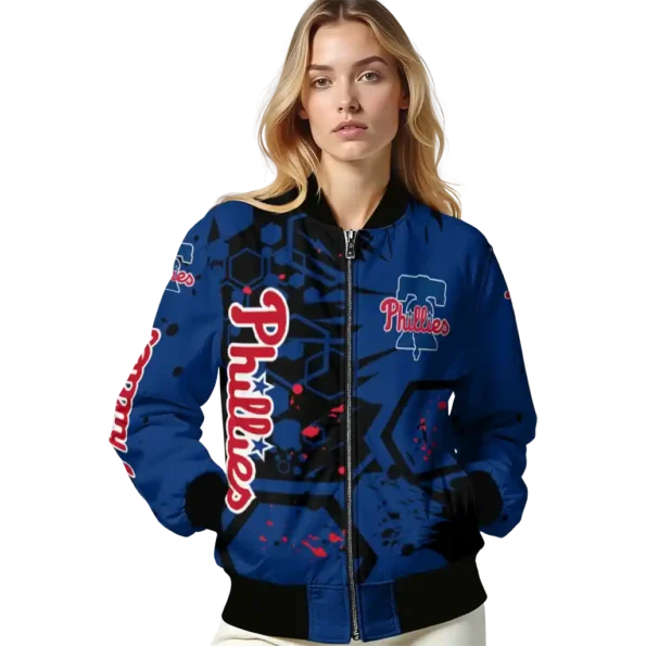 customized philadelphia phillies hexagon cluster blue black bomber jacket latest model