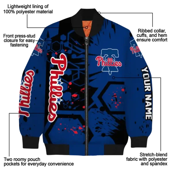 customized philadelphia phillies hexagon cluster blue black bomber jacket new arrival