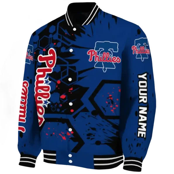 customized philadelphia phillies hexagon cluster blue black varsity jacket best selling