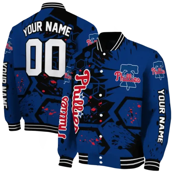 customized philadelphia phillies hexagon cluster blue black varsity jacket fashion forward