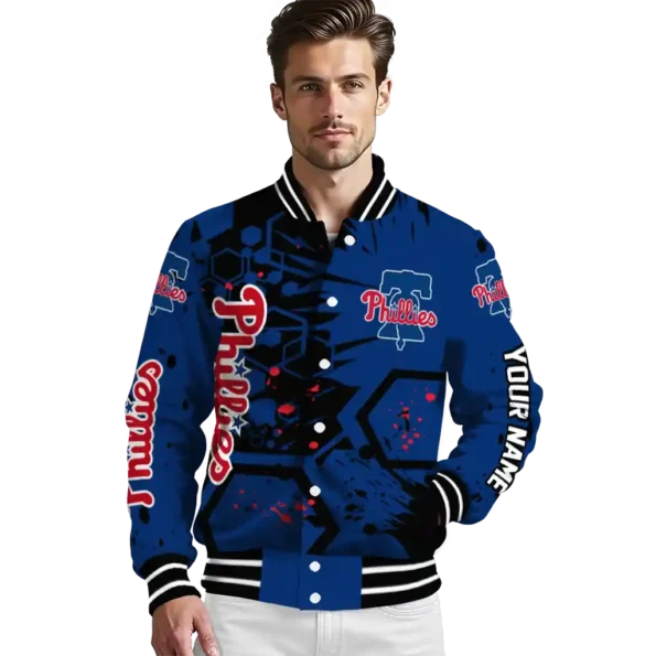 customized philadelphia phillies hexagon cluster blue black varsity jacket high quality