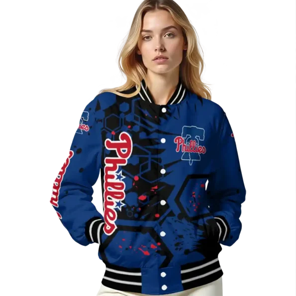 customized philadelphia phillies hexagon cluster blue black varsity jacket latest model
