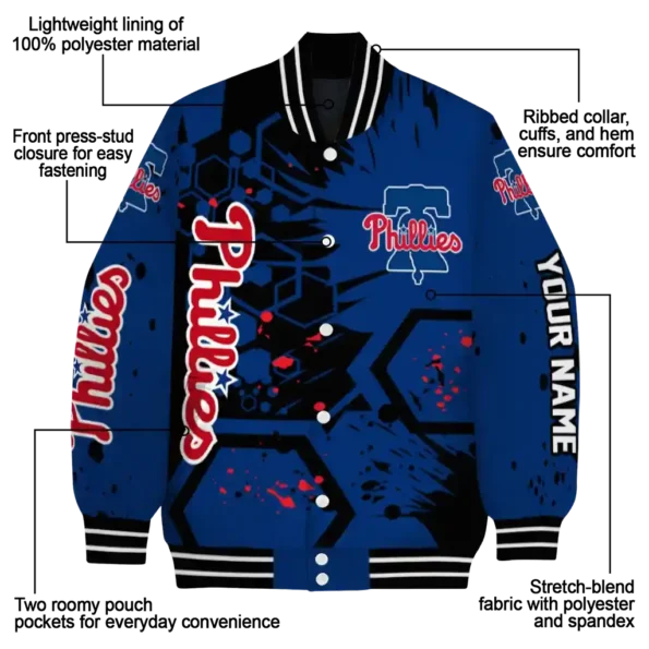 customized philadelphia phillies hexagon cluster blue black varsity jacket new arrival