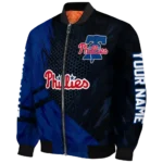 customized philadelphia phillies hexagon mesh blue black bomber jacket best selling