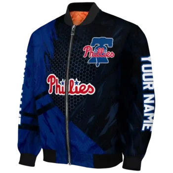 customized philadelphia phillies hexagon mesh blue black bomber jacket best selling