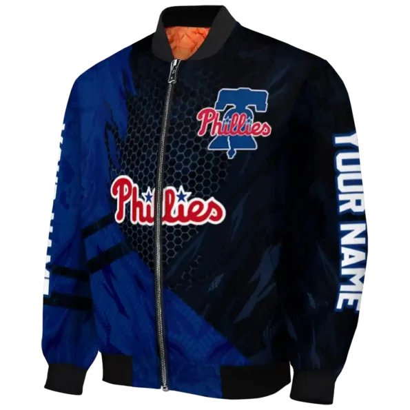 customized philadelphia phillies hexagon mesh blue black bomber jacket best selling