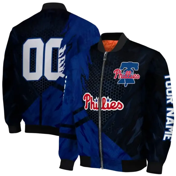 customized philadelphia phillies hexagon mesh blue black bomber jacket fashion forward