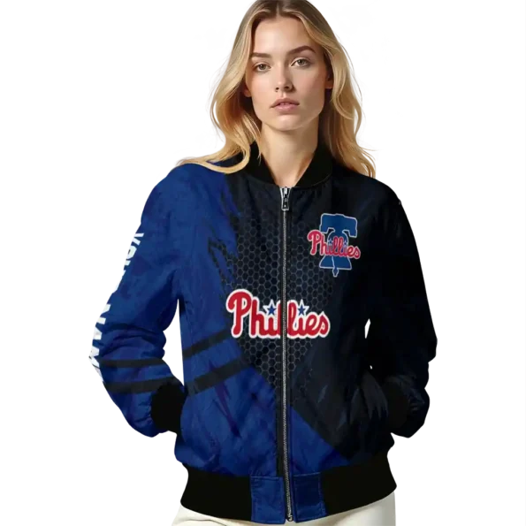 customized philadelphia phillies hexagon mesh blue black bomber jacket latest model