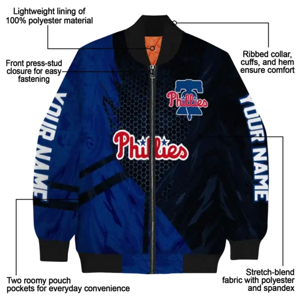 customized philadelphia phillies hexagon mesh blue black bomber jacket new arrival