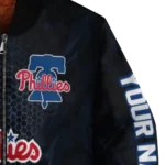 customized philadelphia phillies hexagon mesh blue black bomber jacket best selling