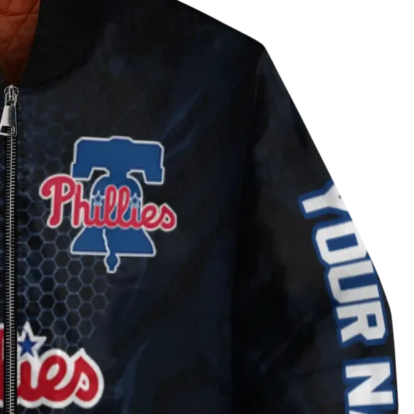customized philadelphia phillies hexagon mesh blue black bomber jacket premium grade