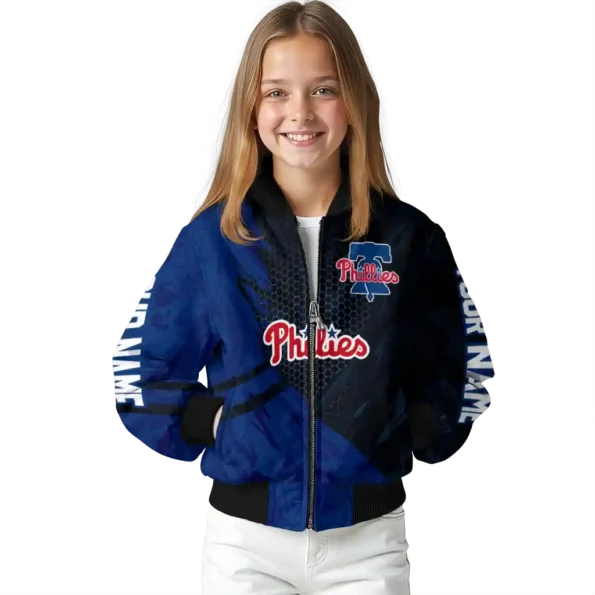 customized philadelphia phillies hexagon mesh blue black bomber jacket top rated