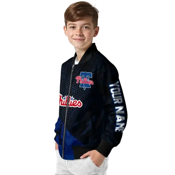customized philadelphia phillies hexagon mesh blue black bomber jacket trendy