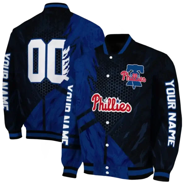 customized philadelphia phillies hexagon mesh blue black varsity jacket fashion forward