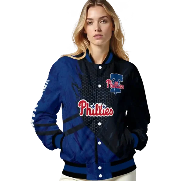 customized philadelphia phillies hexagon mesh blue black varsity jacket latest model