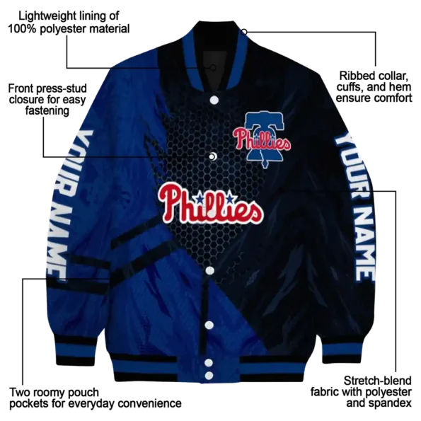 customized philadelphia phillies hexagon mesh blue black varsity jacket new arrival