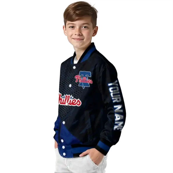 customized philadelphia phillies hexagon mesh blue black varsity jacket trendy