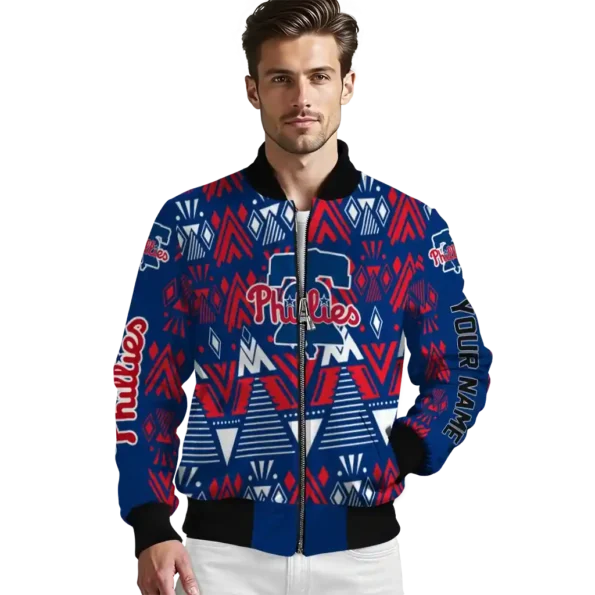 customized philadelphia phillies pyramid shapes blue bomber jacket high quality
