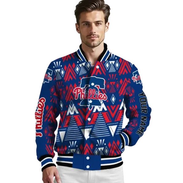 customized philadelphia phillies pyramid shapes blue varsity jacket high quality