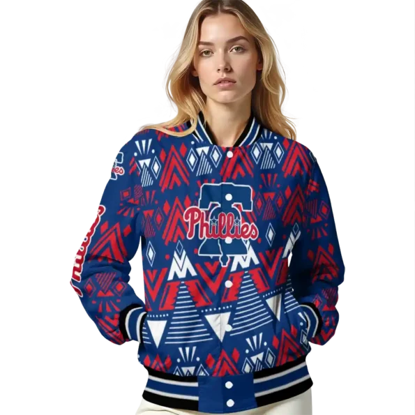 customized philadelphia phillies pyramid shapes blue varsity jacket latest model