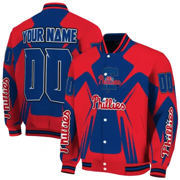 customized philadelphia phillies spider mark blue red crocs varsity jacket fashion forward