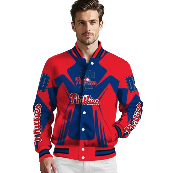 customized philadelphia phillies spider mark blue red crocs varsity jacket high quality