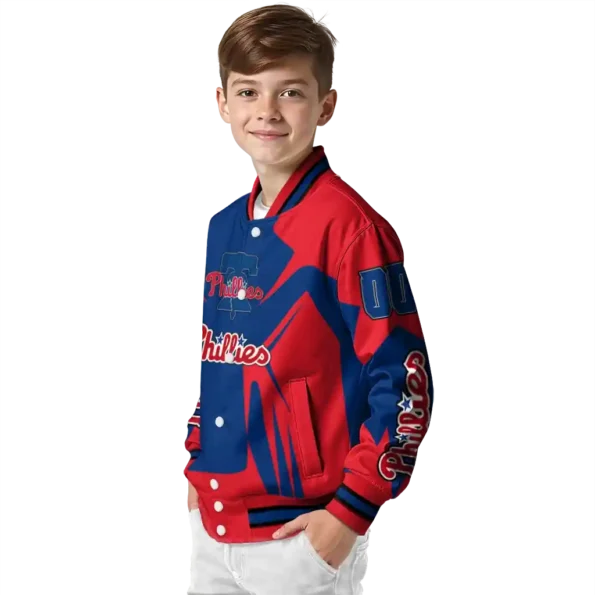 customized philadelphia phillies spider mark blue red crocs varsity jacket trendy