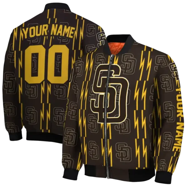 customized san diego padres bolt stripe brown bomber jacket fashion forward