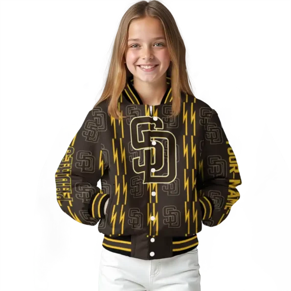 customized san diego padres bolt stripe brown varsity jacket top rated