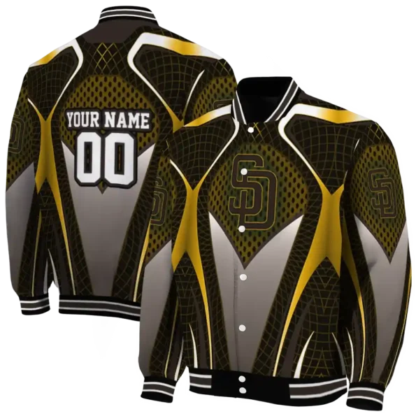 customized san diego padres mesh chest gold crocs black varsity jacket fashion forward