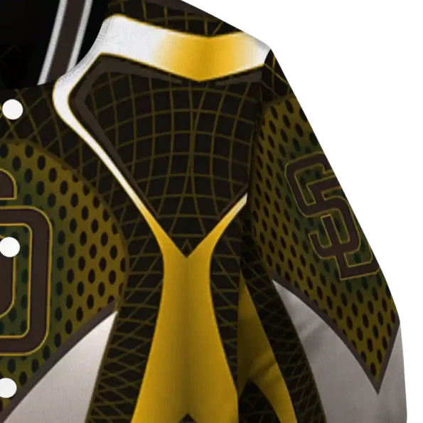 customized san diego padres mesh chest gold crocs black varsity jacket premium grade