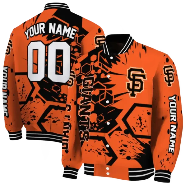 customized san francisco giants hexagon cluster orange black varsity jacket fashion forward