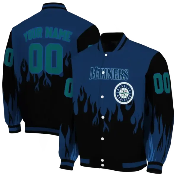 customized seattle mariners flame border navy blue black varsity jacket fashion forward