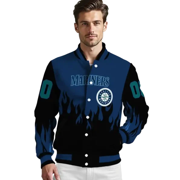 customized seattle mariners flame border navy blue black varsity jacket high quality