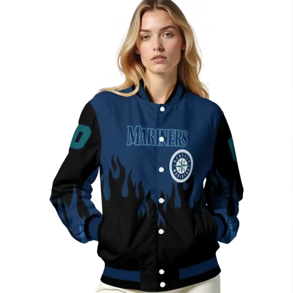 customized seattle mariners flame border navy blue black varsity jacket latest model