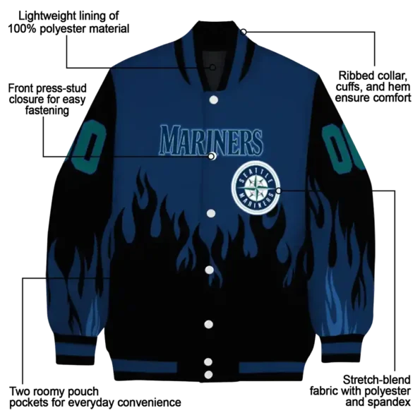 customized seattle mariners flame border navy blue black varsity jacket new arrival
