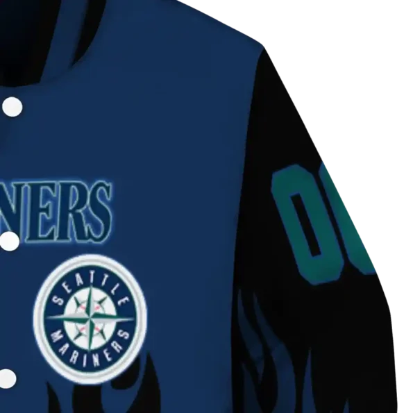 customized seattle mariners flame border navy blue black varsity jacket premium grade