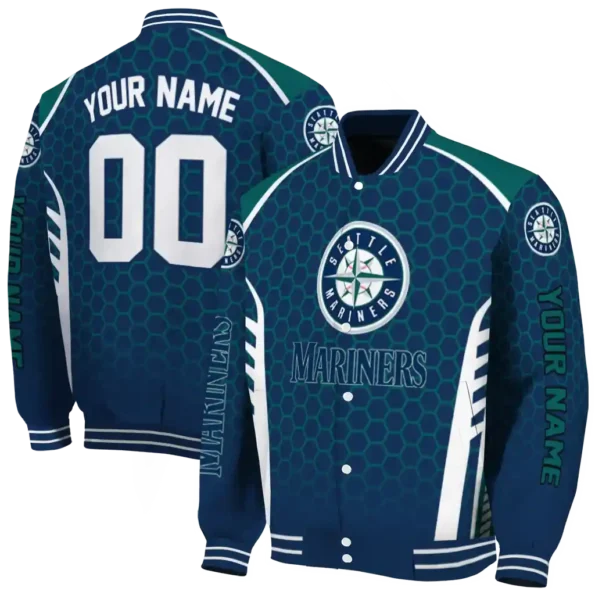 customized seattle mariners hexagon grid navy blue varsity jacket fashion forward