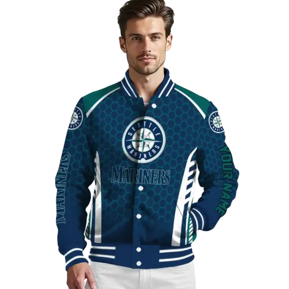 customized seattle mariners hexagon grid navy blue varsity jacket high quality