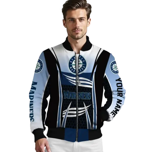 customized seattle mariners mesh effect navy blue black bomber jacket high quality