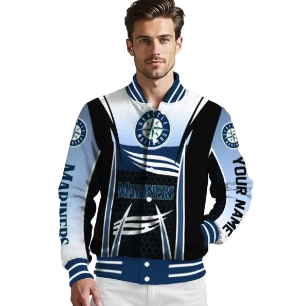 customized seattle mariners mesh effect navy blue black varsity jacket high quality