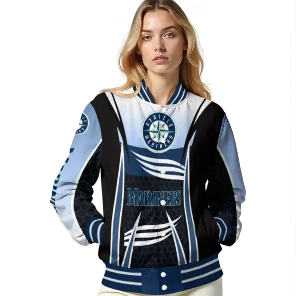 customized seattle mariners mesh effect navy blue black varsity jacket latest model