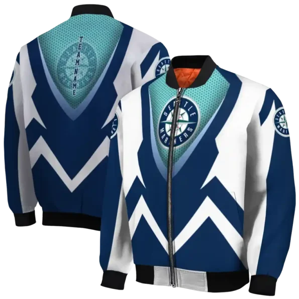 customized seattle mariners v stripes navy blue white bomber jacket fashion forward