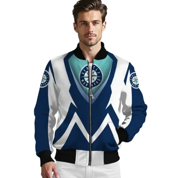 customized seattle mariners v stripes navy blue white bomber jacket high quality