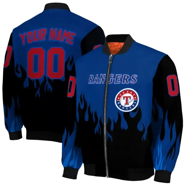 customized texas rangers flame border blue black bomber jacket fashion forward
